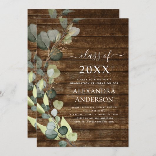 Eukalyptus Greenery Abschluss Class of 2022 Wood Einladung (Vorne/Hinten)