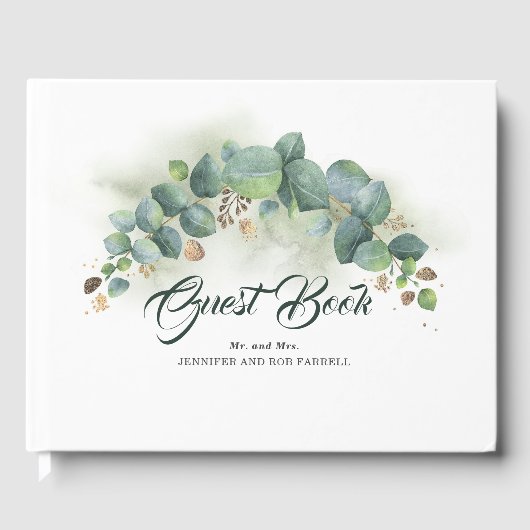 Eukalyptus Greenery and Gold Blätter Elegant Gästebuch (Vorderseite)