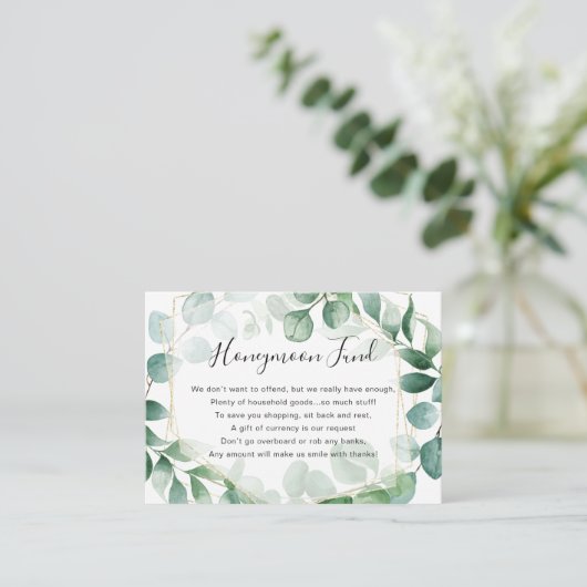 Eukalyptus Greenery and Gold Frame Honeymoon Fund Begleitkarte (Stehend Vorderseite)