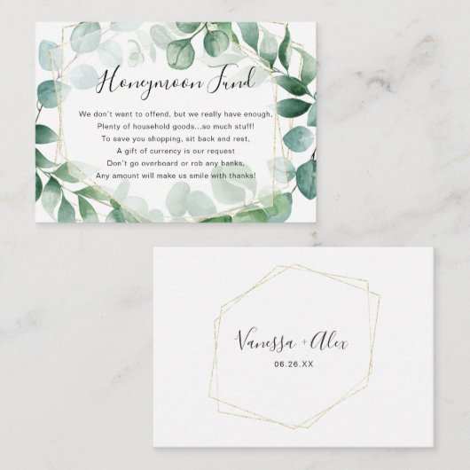 Eukalyptus Greenery and Gold Frame Honeymoon Fund Begleitkarte (Vorne/Hinten)