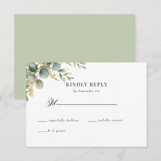 Eukalyptus Greenery and Gold Wedding RSVP Begleitkarte (Vorne/Hinten)