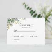 Eukalyptus Greenery and Gold Wedding RSVP Begleitkarte (Stehend Vorderseite)