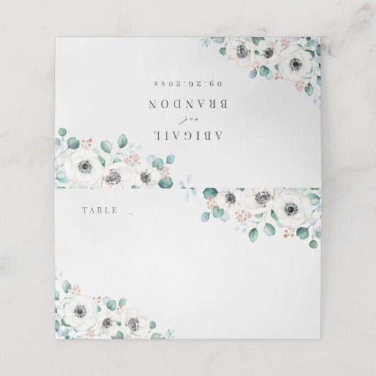 Eukalyptus Greenery Anemone Rustikale Hochzeit Platzkarte (Außenseite Aufgefaltet)