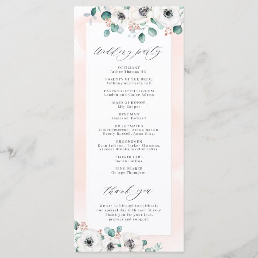 Eukalyptus Greenery Anemone Rustikale Hochzeit Programm (Rückseite)