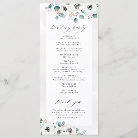 Eukalyptus Greenery Anemone Rustikale Hochzeit Programm (Rückseite)