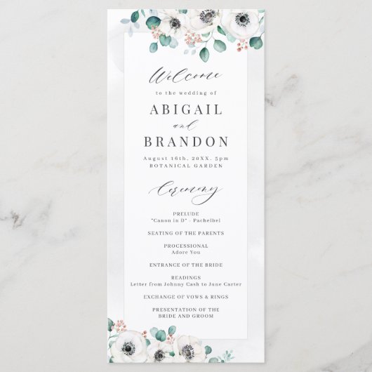 Eukalyptus Greenery Anemone Rustikale Hochzeit Programm (Vorderseite)