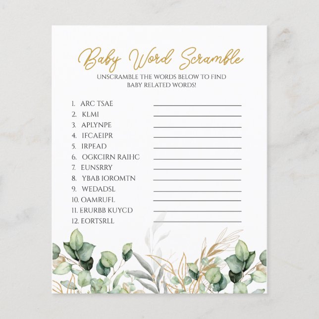 Eukalyptus Greenery Baby Shower Word Scramble Game (Vorderseite)