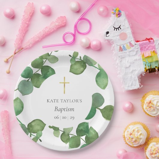 Eukalyptus Greenery Baptisse Christening Pappteller (Party)