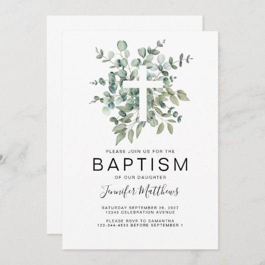 Eukalyptus Greenery Baptisse Einladung (Vorne/Hinten)