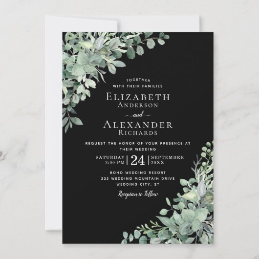Eukalyptus Greenery Black All in one Wedding Einladung (Vorderseite)