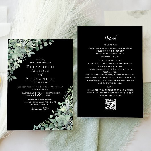 Eukalyptus Greenery Black All in one Wedding Einladung