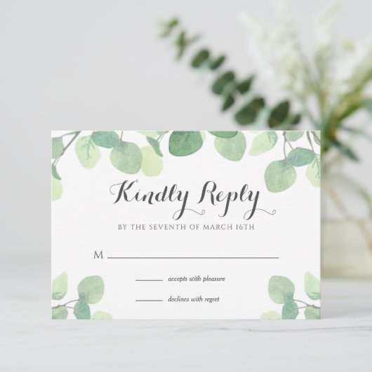 Eukalyptus Greenery Bloral Wedding RSVP Card Karte (Stehend Vorderseite)
