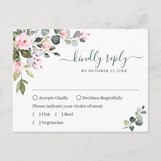 Eukalyptus Greenery Blush Rose Wedding RSVP Card Postkarte (Vorderseite)