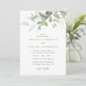 Eukalyptus Greenery Boho Sage Green Gold Wedding Einladung (Stehend Vorderseite)