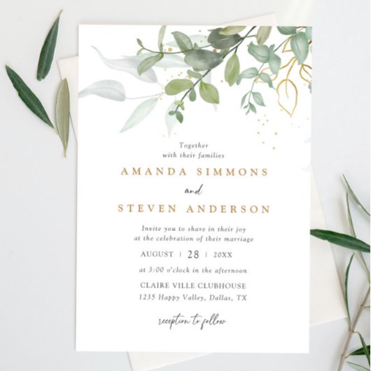 Eukalyptus Greenery Boho Sage Green Gold Wedding Einladung