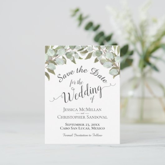 Eukalyptus & Greenery Boho Wedding Save the Date Ankündigungspostkarte (Stehend Vorderseite)