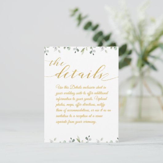 Eukalyptus Greenery Border Gold Wedding Details Begleitkarte (Stehend Vorderseite)