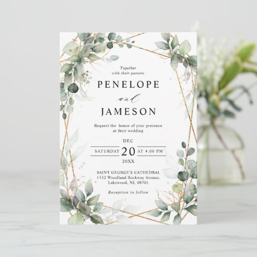 Eukalyptus Greenery Botanical Geometric Wedding Einladung (Stehend Vorderseite)