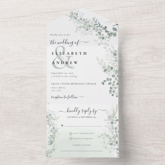 Eukalyptus Greenery Botanical QR Code Wedding All In One Einladung (Innen Boden)
