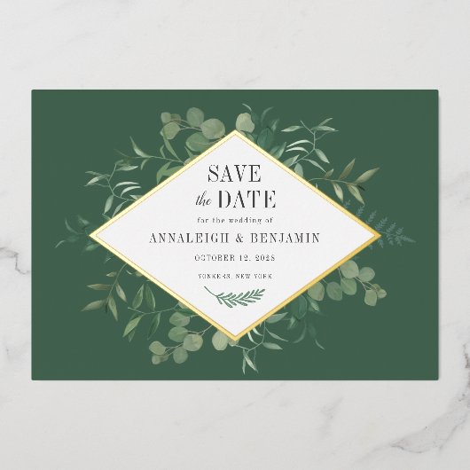 Eukalyptus Greenery Botanical Save the Date Gold Folieneinladung (Vorderseite)