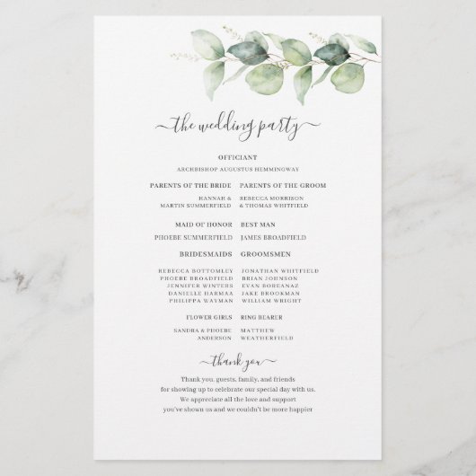 Eukalyptus Greenery Botanical Wedding Program (Rückseite)