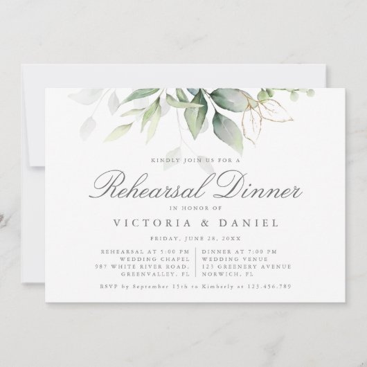 Eukalyptus Greenery Botanische Probe Abendessen Einladung (Vorderseite)