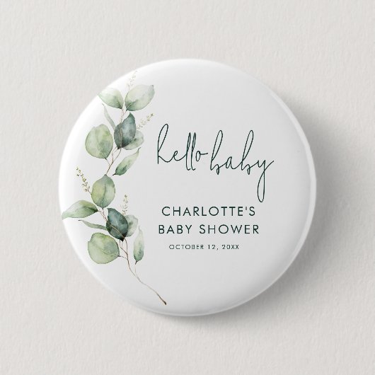 Eukalyptus Greenery Botanische Script Baby Dusche Button (Vorderseite)