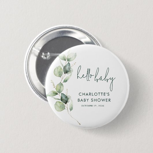 Eukalyptus Greenery Botanische Script Baby Dusche Button (Vorne & Hinten)