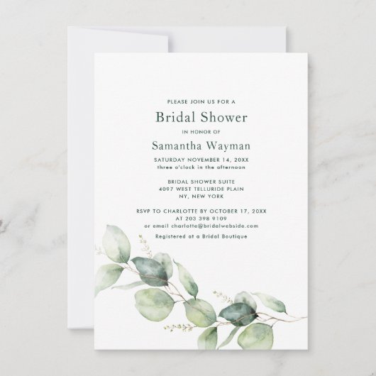 Eukalyptus Greenery Botanisches Brautparty Einladung (Vorderseite)