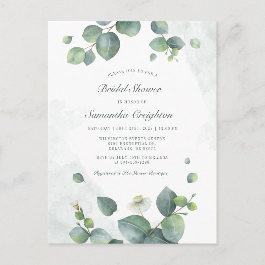 Eukalyptus Greenery Botanisches Brautparty Einladungspostkarte (Vorderseite)