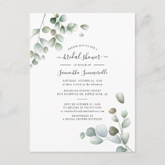 Eukalyptus Greenery Botanisches Script-Brautparty Einladungspostkarte (Vorderseite)