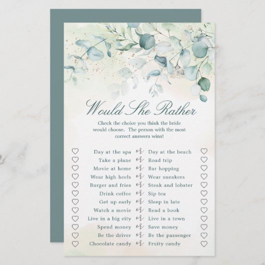 Eukalyptus Greenery Brautparty Game (Vorne/Hinten)