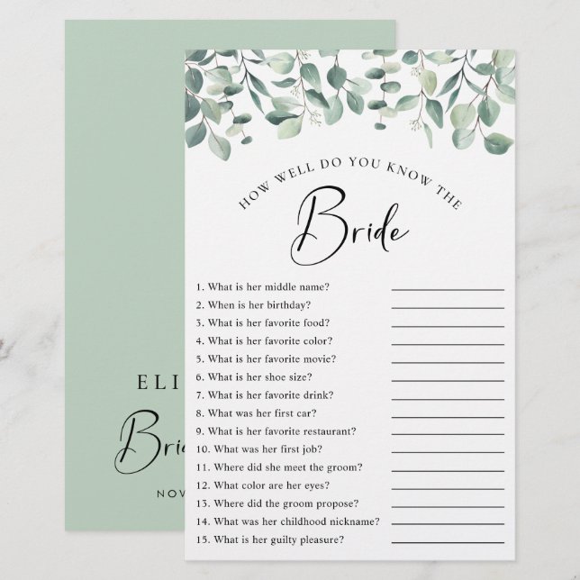 Eukalyptus Greenery Brautparty Game (Vorne/Hinten)