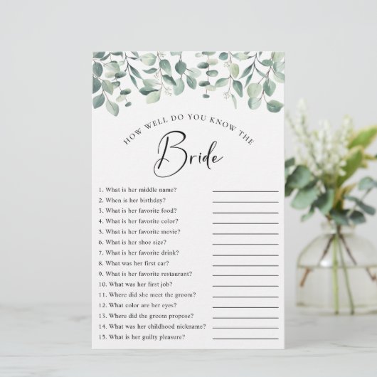 Eukalyptus Greenery Brautparty Game (Stehend Vorderseite)