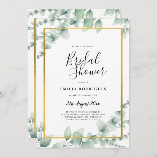 Eukalyptus Greenery BRAUTPARTY GOLD QR CODE Einladung (Vorne/Hinten)