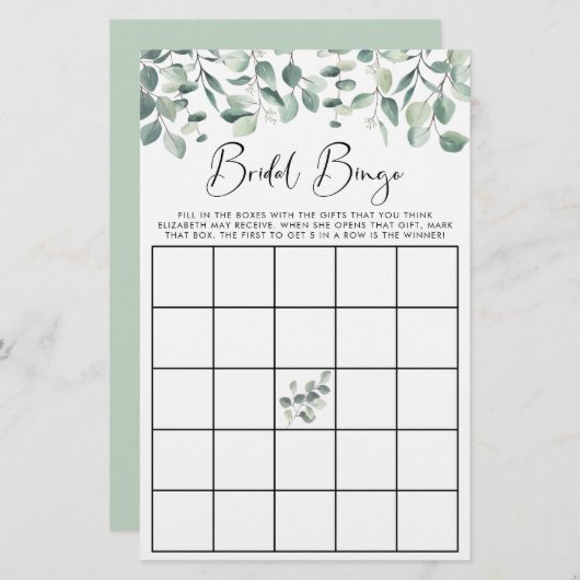 Eukalyptus Greenery Bridal Bingo Duschspiel (Vorne/Hinten)