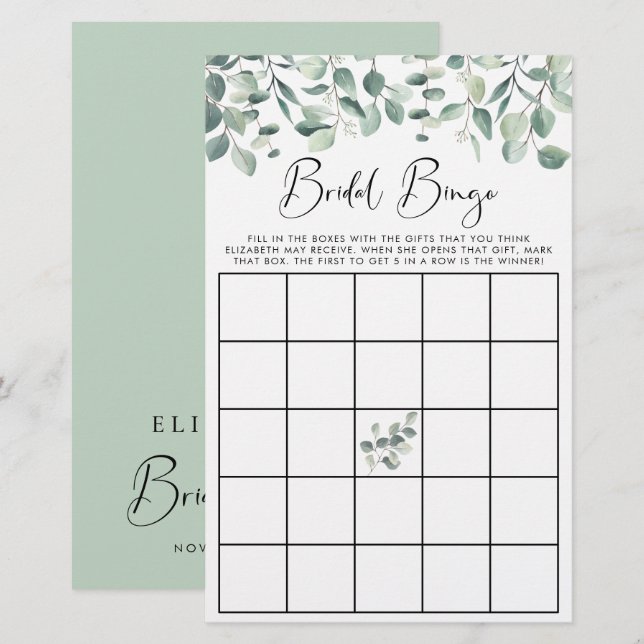 Eukalyptus Greenery Bridal Bingo Duschspiel (Vorne/Hinten)