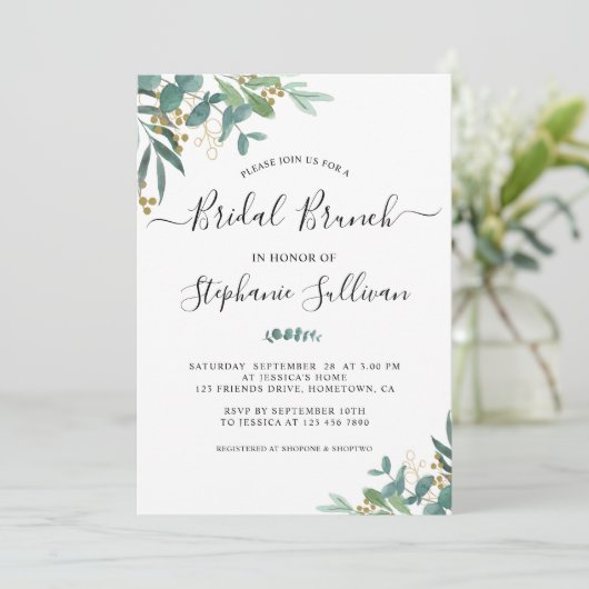 Eukalyptus Greenery Bridal Brunch Einladung (Stehend Vorderseite)