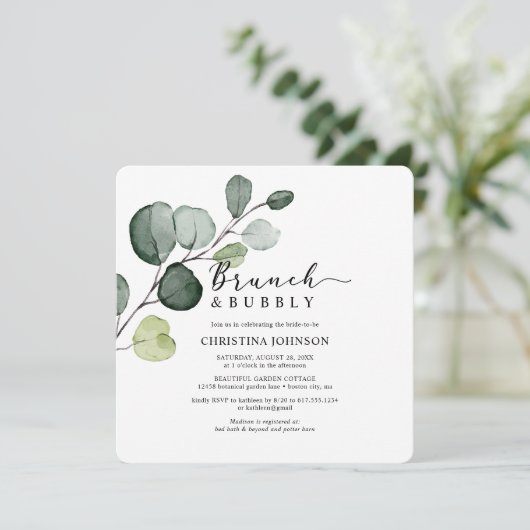 Eukalyptus Greenery Brunch Bubbly Brautparty Einladung (Stehend Vorderseite)