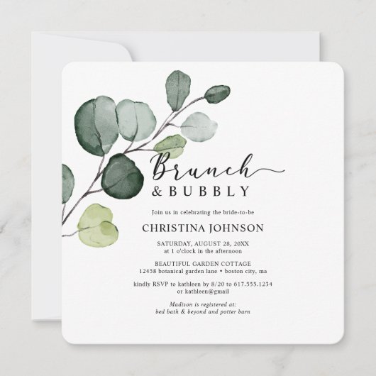 Eukalyptus Greenery Brunch Bubbly Brautparty Einladung (Vorderseite)