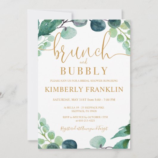 Eukalyptus Greenery Brunch & Bubbly Brautparty Einladung (Vorderseite)