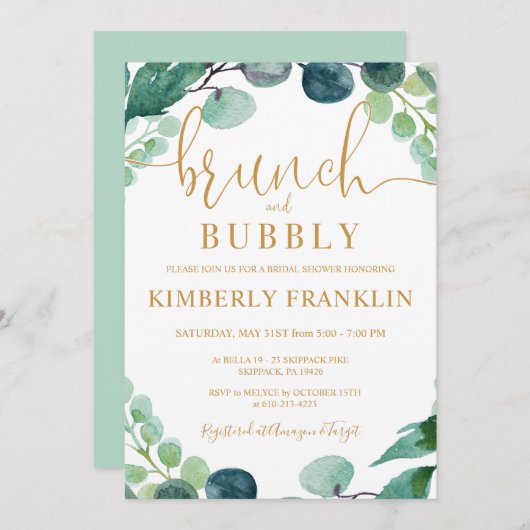 Eukalyptus Greenery Brunch & Bubbly Brautparty Einladung (Vorne/Hinten)
