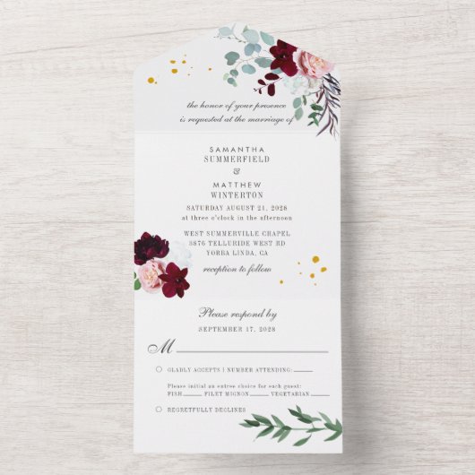 Eukalyptus Greenery Burgundy Rustikale Hochzeit All In One Einladung (Innen Boden)