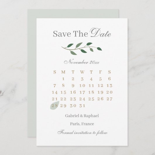 Eukalyptus Greenery Calendar Save the Date Hochzei Einladung (Vorne/Hinten)