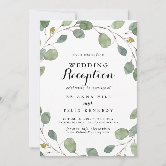 Eukalyptus Greenery Calligraphy Wedding Reception Einladung (Vorderseite)