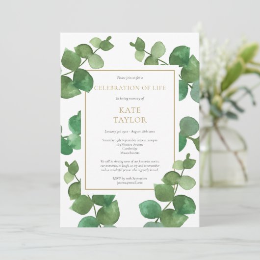 Eukalyptus Greenery Celebration of Life Funeral Einladung (Stehend Vorderseite)