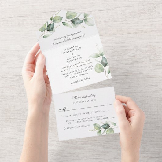 Eukalyptus Greenery Chic Botanische Hochzeit All In One Einladung (Abreißen)