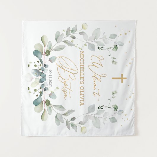 Eukalyptus Greenery Cross Baby Baptism Tapestry Wandteppich (Vorderseite (Horizontal))