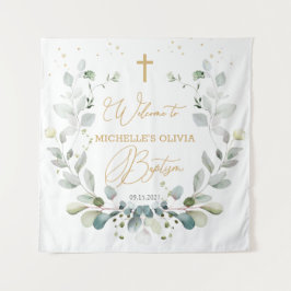 Eukalyptus Greenery Cross Baby Baptism Tapestry Wandteppich