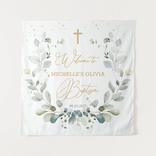 Eukalyptus Greenery Cross Baby Baptism Tapestry Wandteppich (Vorderseite)